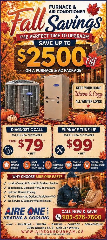 Aire One East Heating and Cooling fall savings advertisement: save up to $2500 on a furnace and AC package, $79 diagnostic call, $99 furnace tune-up