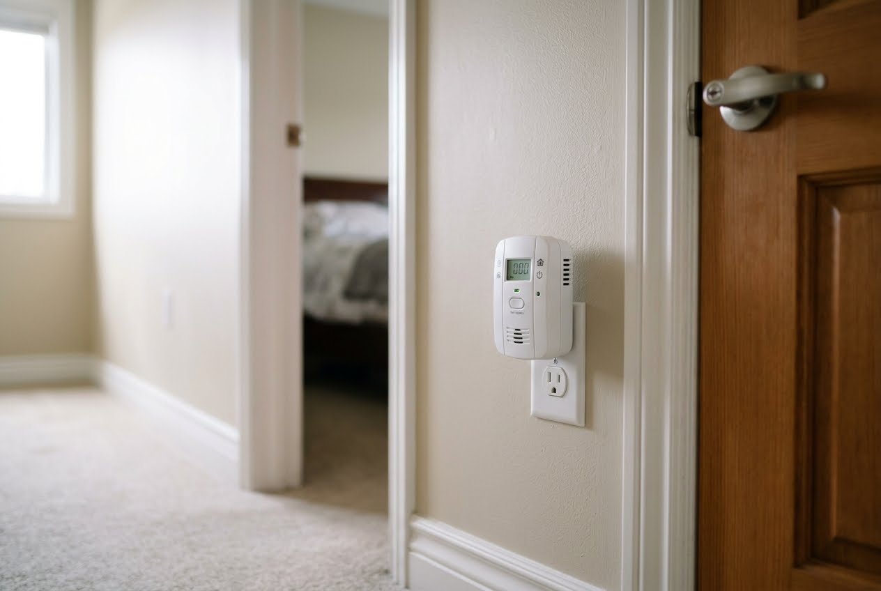 Carbon monoxide alarm mounted on a hallway wall next to the bedrooms in a Durham home