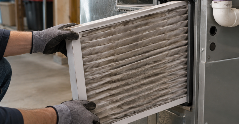 Dirty furnace filter caked with dust, a common cause of a burning smell from the furnace