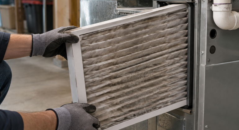 Dirty furnace filter caked with dust, a common cause of a burning smell from the furnace