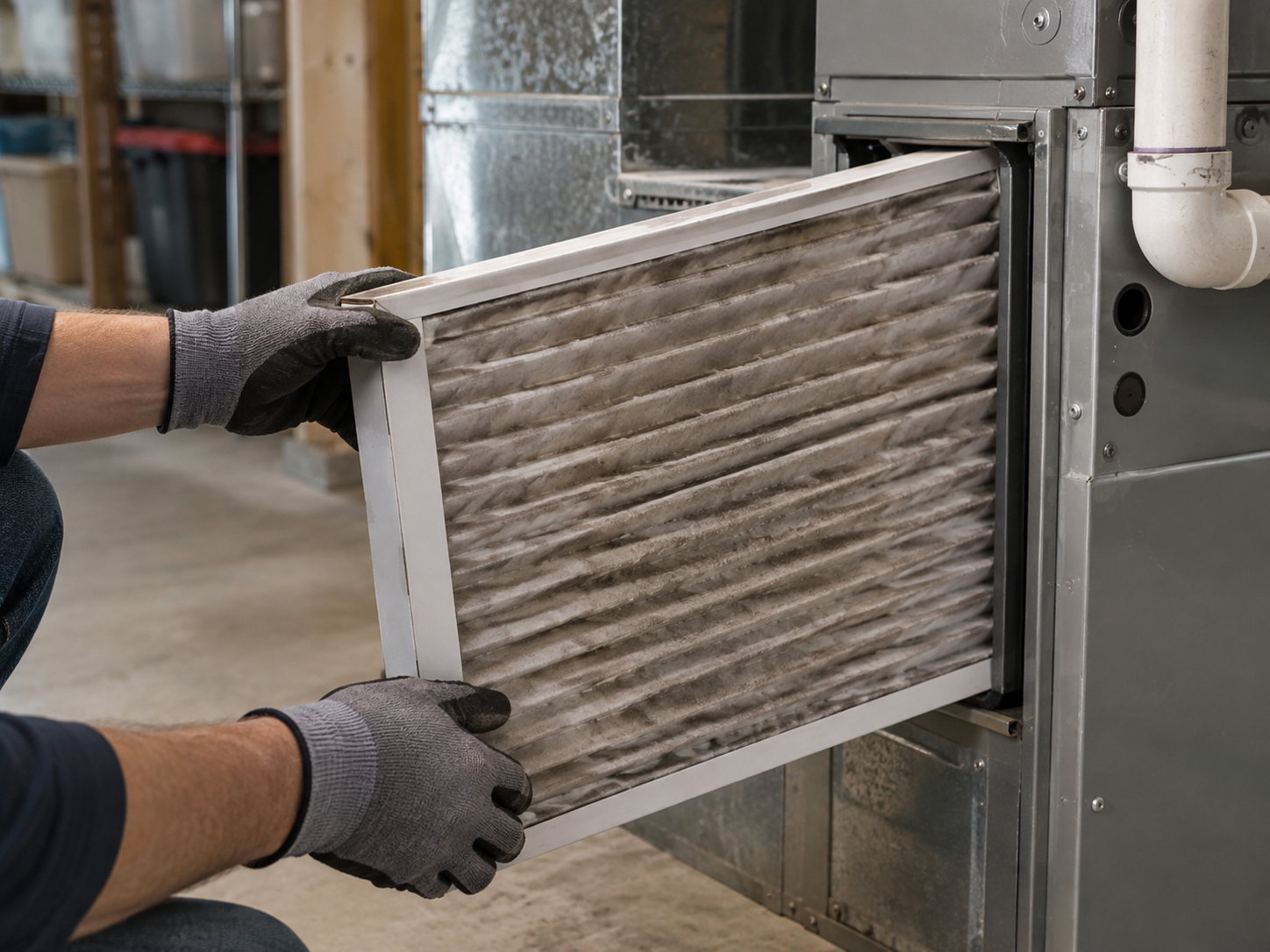 Dirty furnace filter being removed, a common reason a furnace smells like burning dust