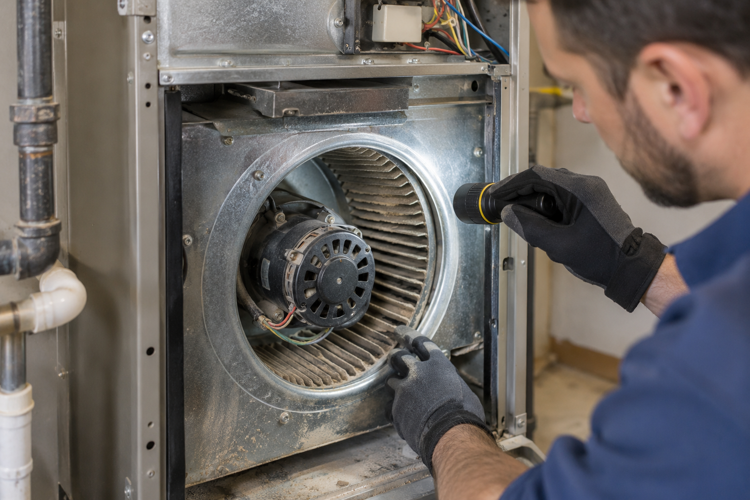Technician inspecting a dusty blower motor when a furnace smells like burning