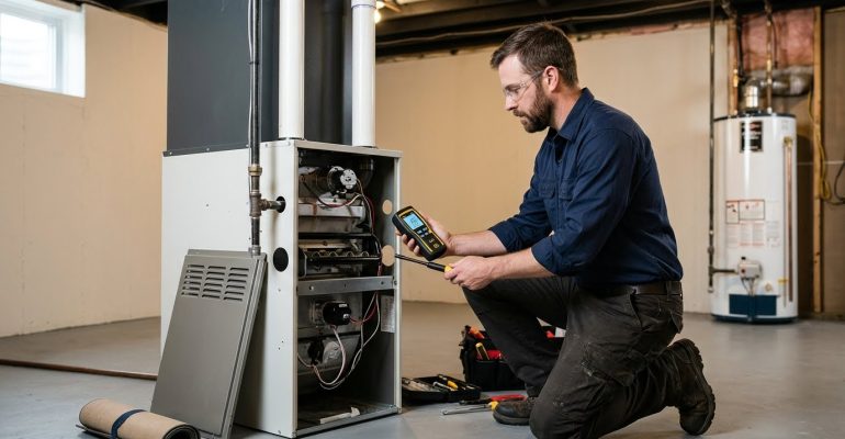Furnace carbon monoxide test: technician checking a gas furnace with a CO meter in a Durham basement