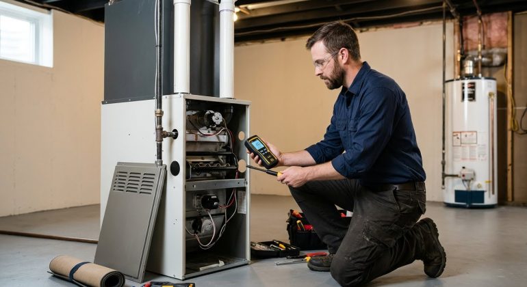Furnace carbon monoxide test: technician checking a gas furnace with a CO meter in a Durham basement
