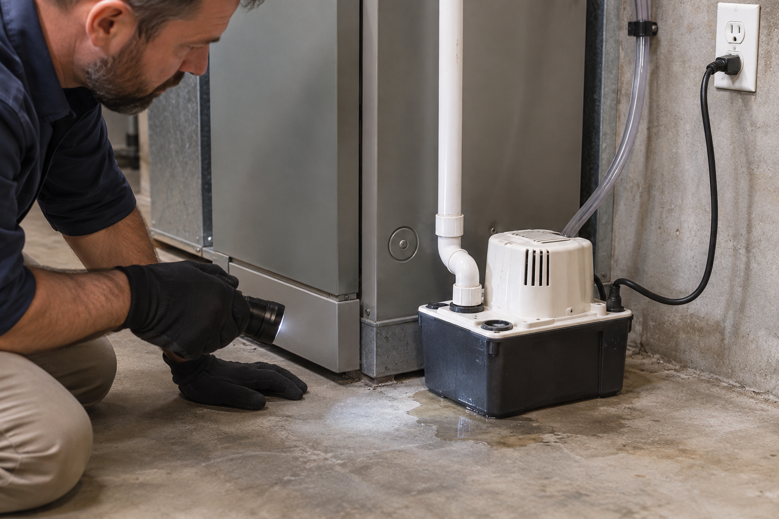 Water dripping from a leaking PVC condensate drain fitting on a furnace leaking water