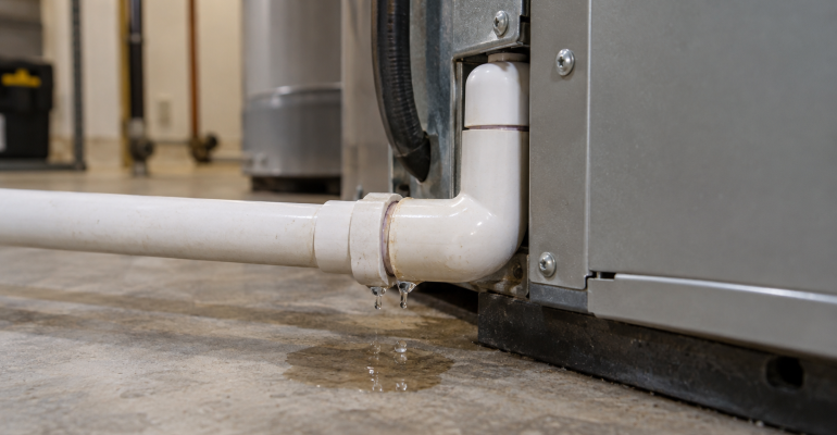 Technician checking a condensate pump overflowing beside a furnace leaking water in a Durham home