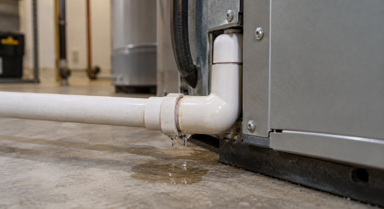 Technician checking a condensate pump overflowing beside a furnace leaking water in a Durham home