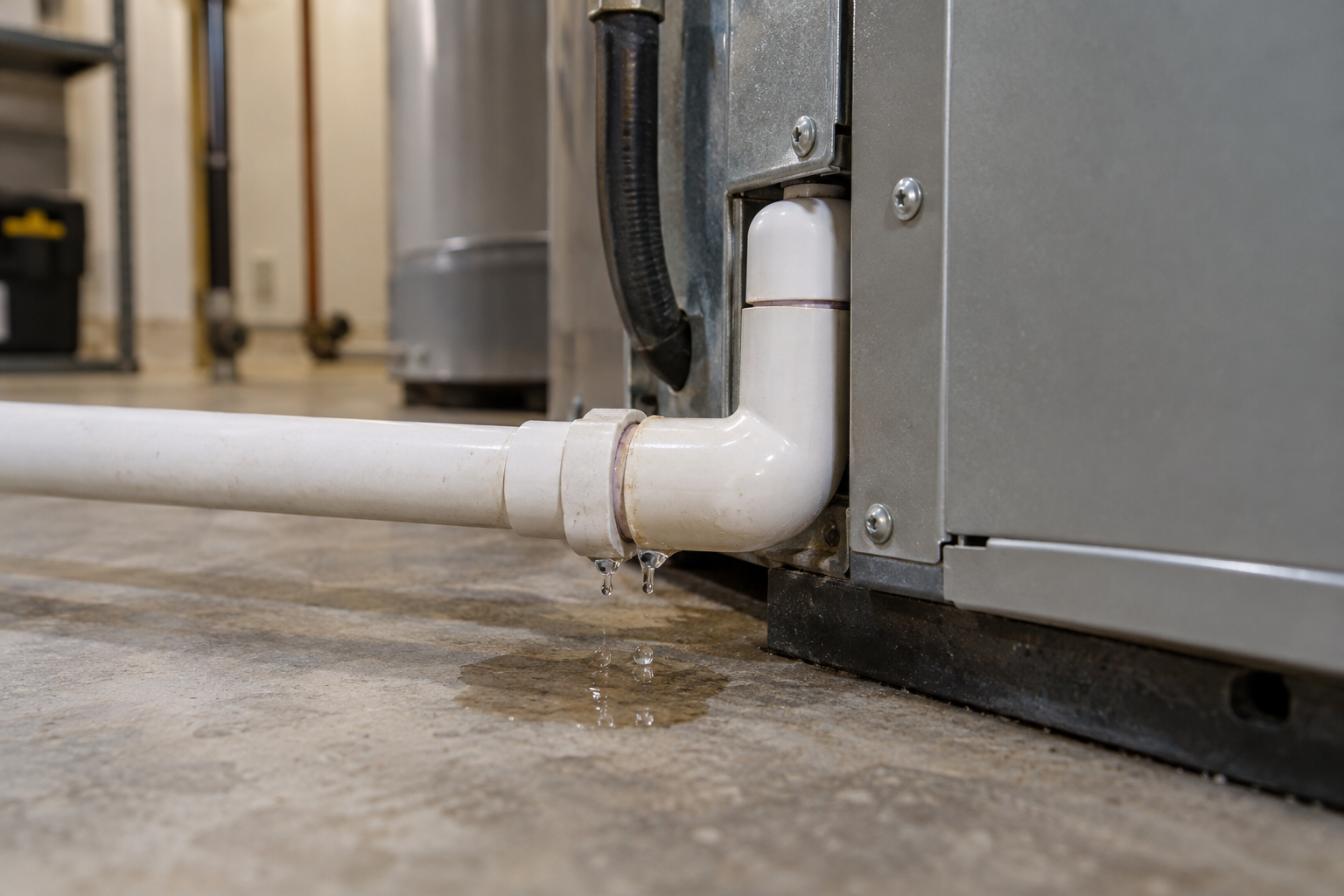 Technician checking a condensate pump overflowing beside a furnace leaking water in a Durham home