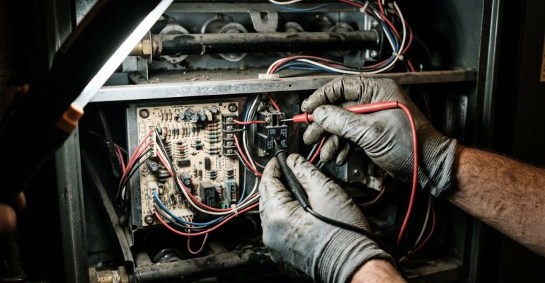 Technician testing a stuck blower relay on the control board of a furnace that won’t turn off
