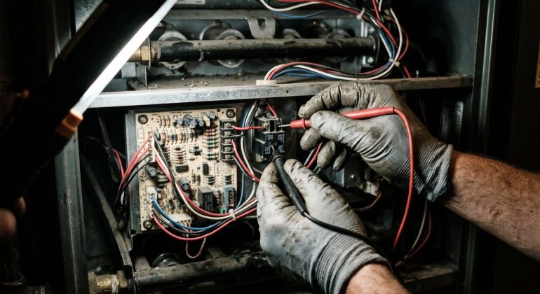 Technician testing a stuck blower relay on the control board of a furnace that won’t turn off