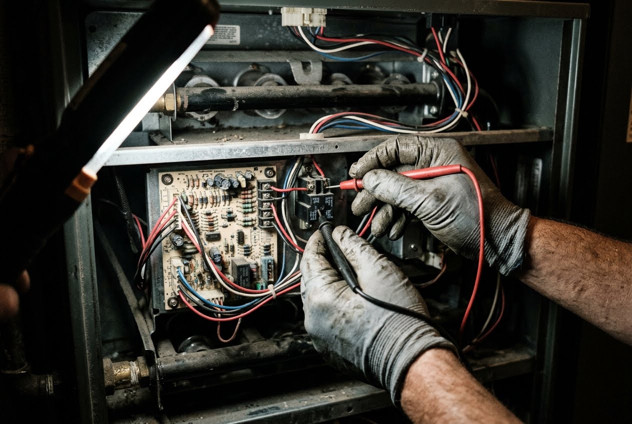 Technician testing a stuck blower relay on the control board of a furnace that won't turn off