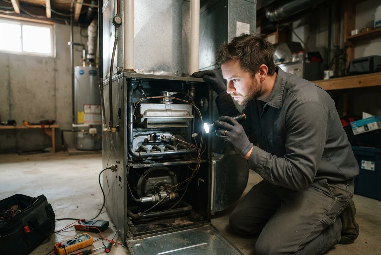 Technician inspecting a gas furnace heat exchanger for cracks that can cause furnace carbon monoxide