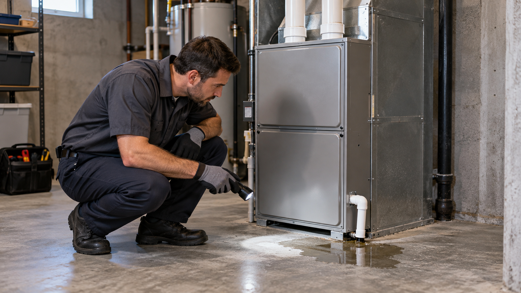 Furnace leaking water: technician inspecting a puddle under a high-efficiency furnace in a Durham basement