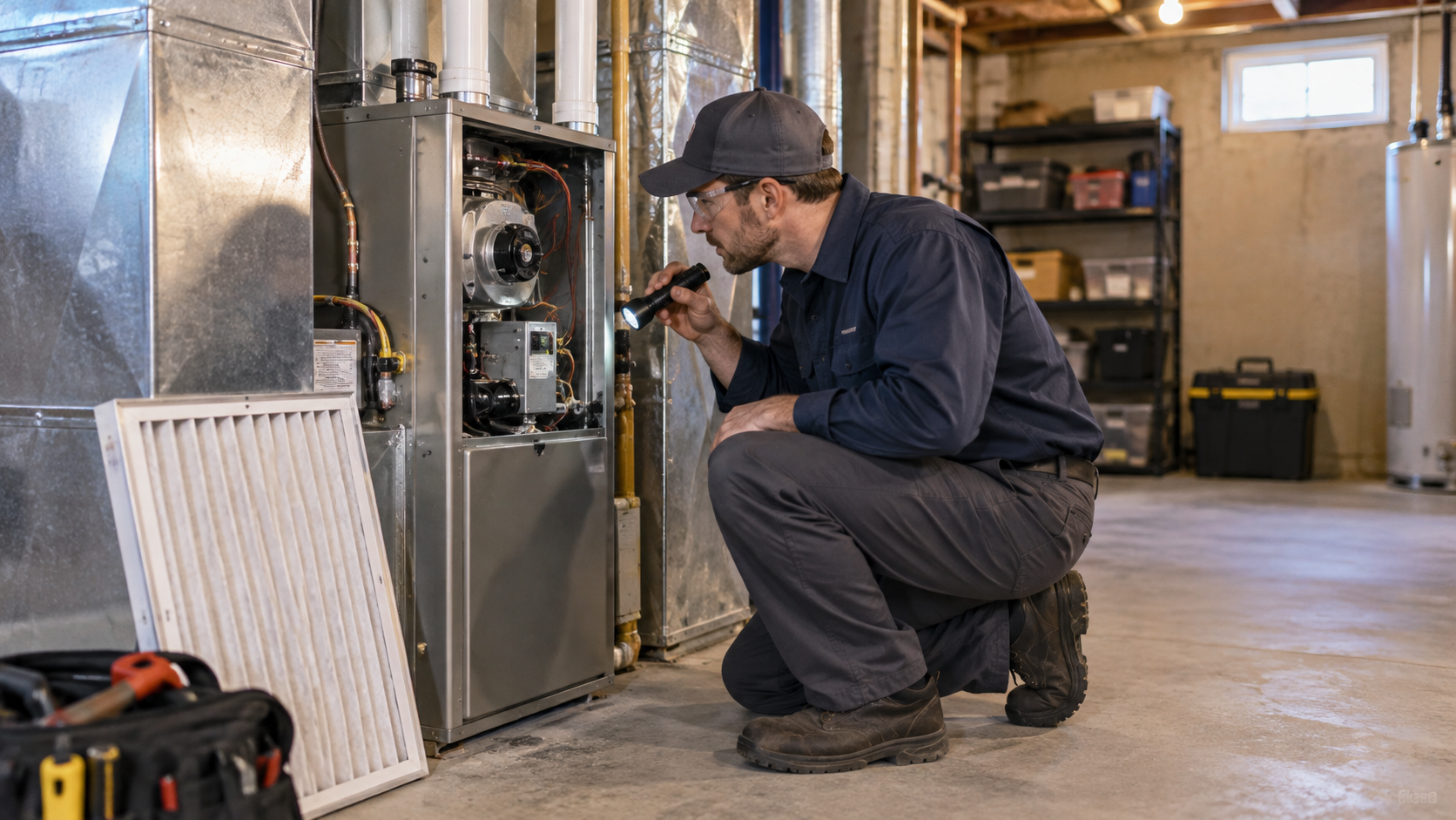 Furnace smells like burning: technician inspecting a gas furnace with a flashlight in a Durham basement