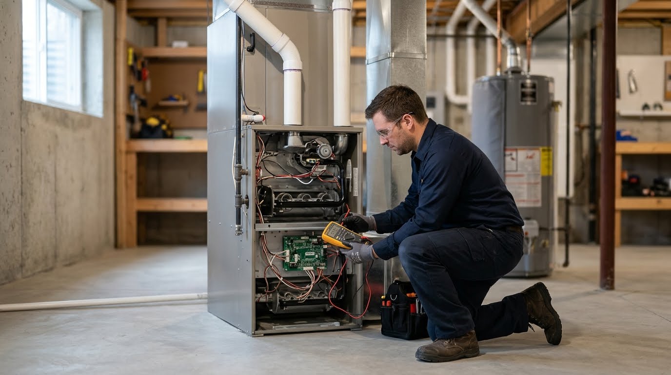 Furnace won't turn off: technician testing a gas furnace control board in a Durham basement