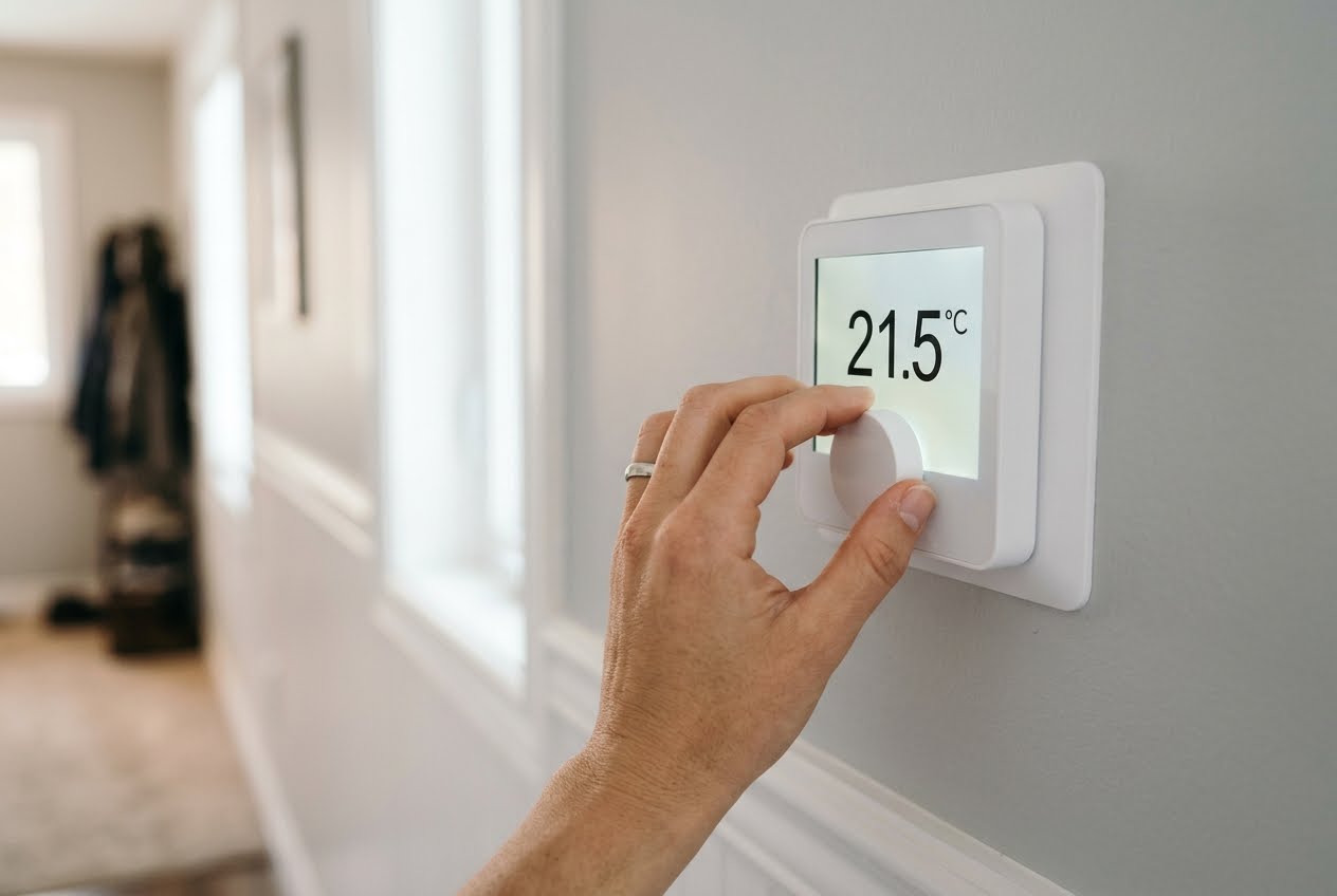 Homeowner checking the thermostat fan setting when a furnace won't turn off