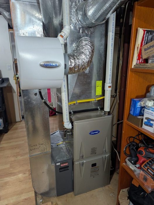 Carrier high-efficiency furnace installed with an Aprilaire whole-home humidifier